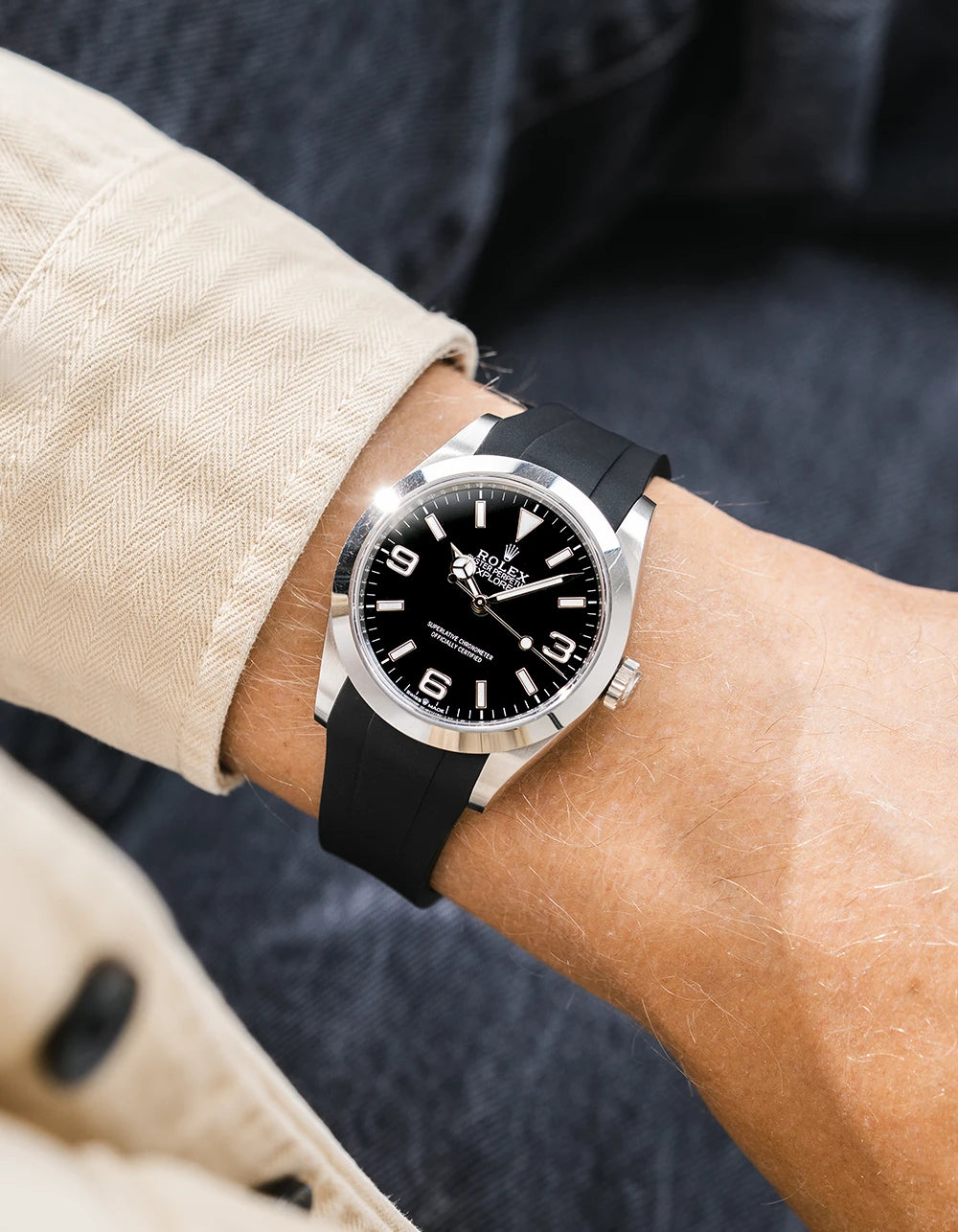 Black integrated FKM rubber strap with original clasp on Rolex Explorer 40 224270 black dial wrist shot