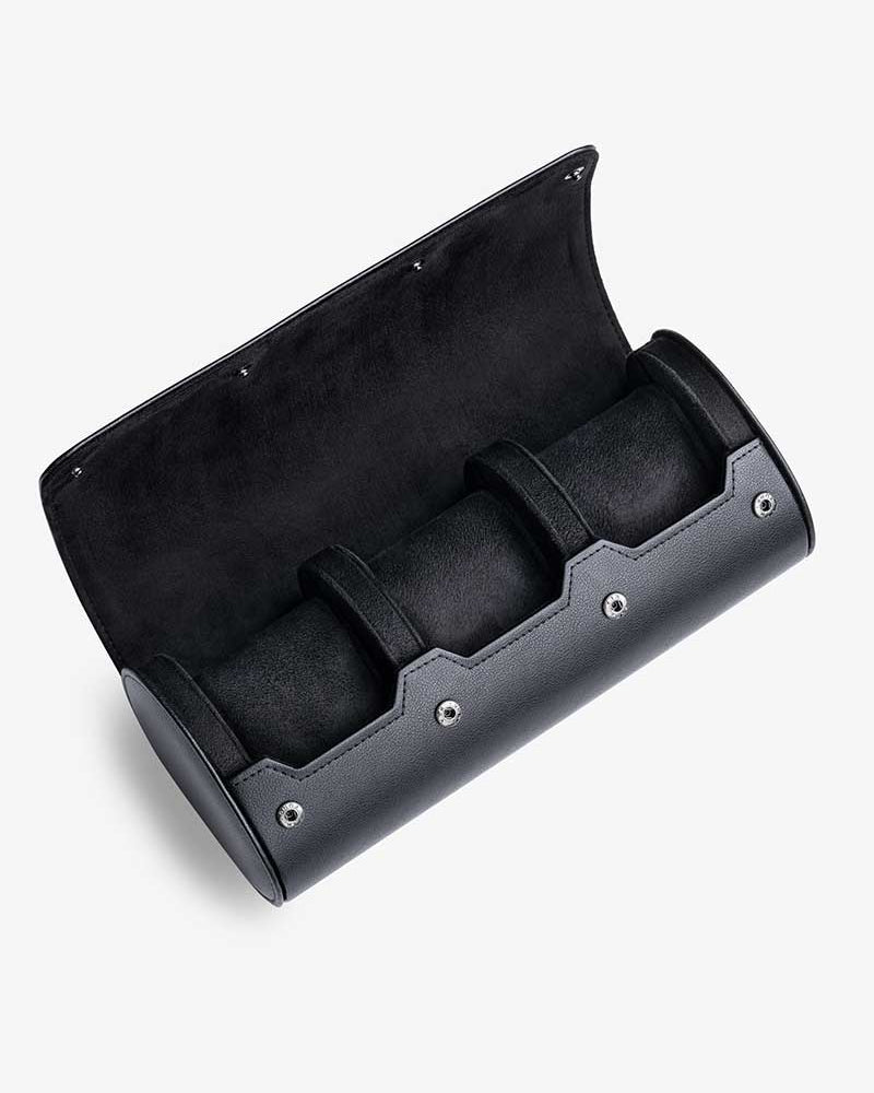 Interior of the 3 Slot Watch Roll in Black with soft suede lining and compartments for three watches