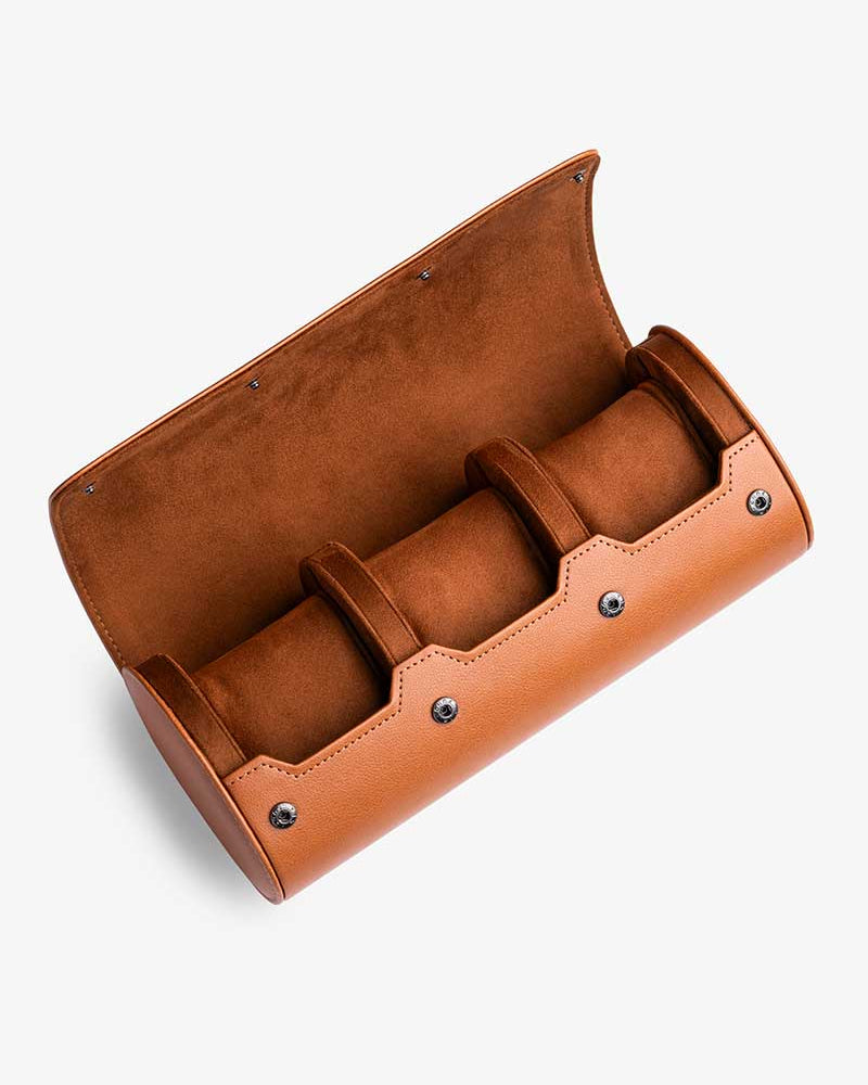 Interior of the 3 Slot Watch Roll in Brown with smooth suede lining and compartments for three watches.
