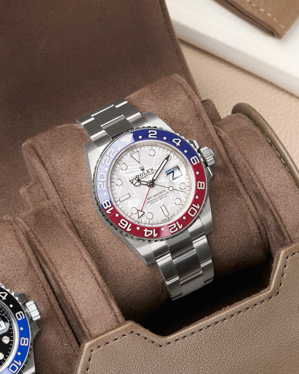 Detail image of 2 Slot Watch Roll in taupe with two Rolex watches inside