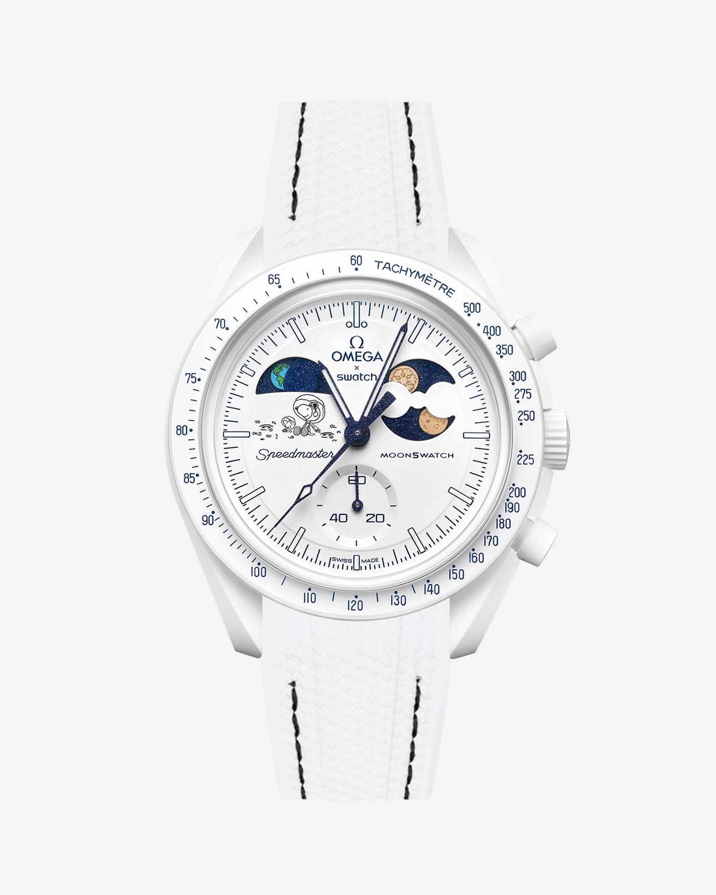 White and black Rubber Strap on Omega x Swatch MoonSwatch Mission To Earthphase - Moonshine Gold Cold Moon