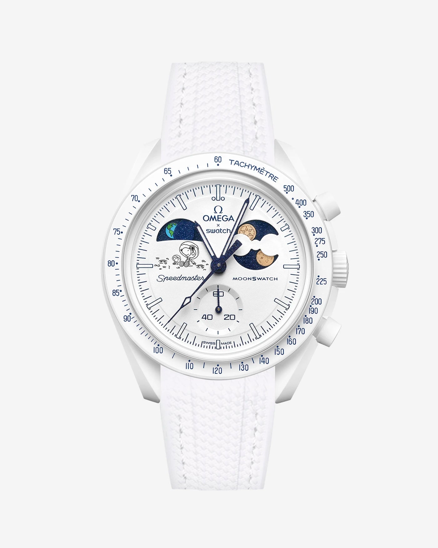 White rubber strap on Moonswatch Moonshine Gold Cold Moon watch