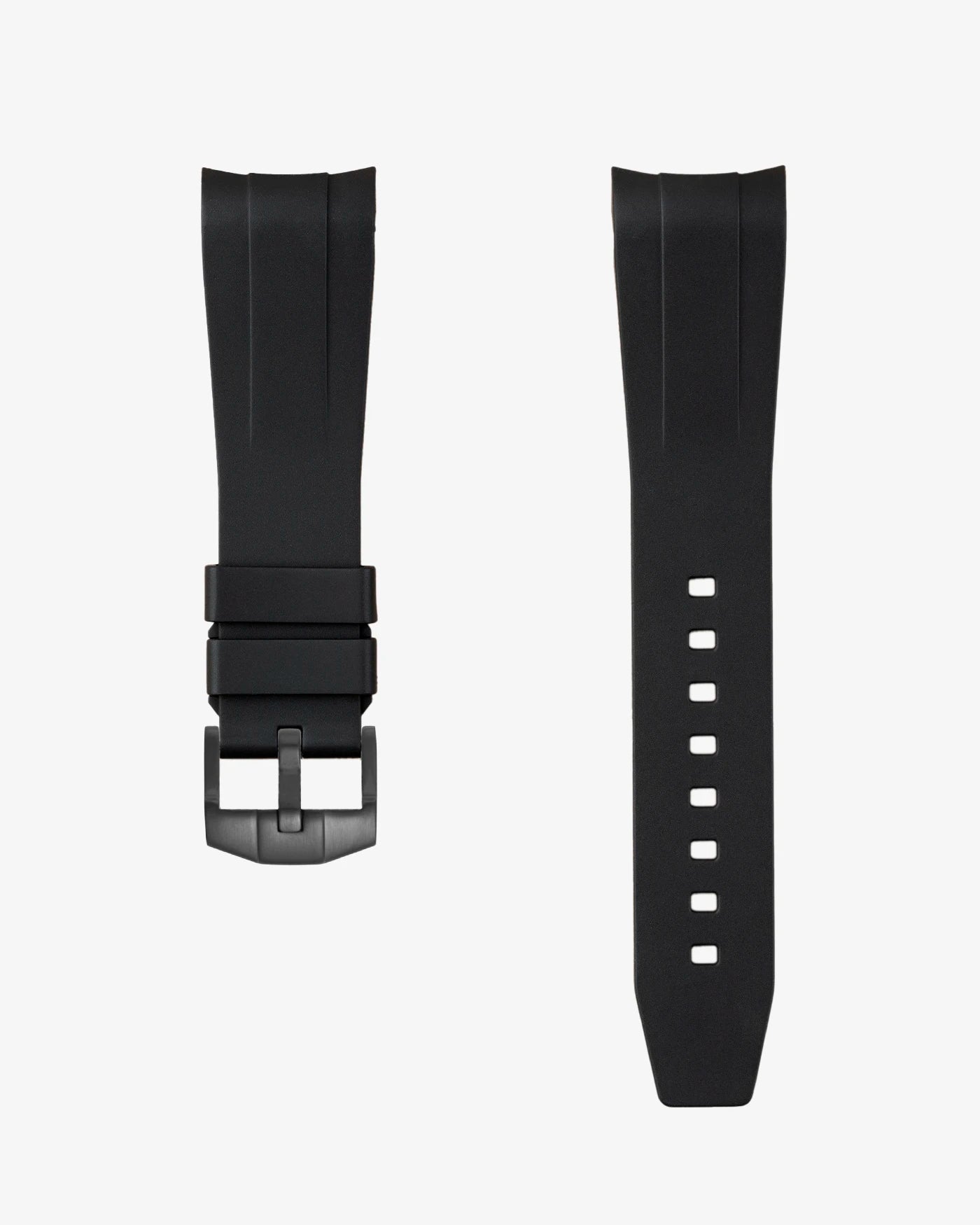 Black FKM tudor rubber watch strap with premium steel buckle on a light gray background