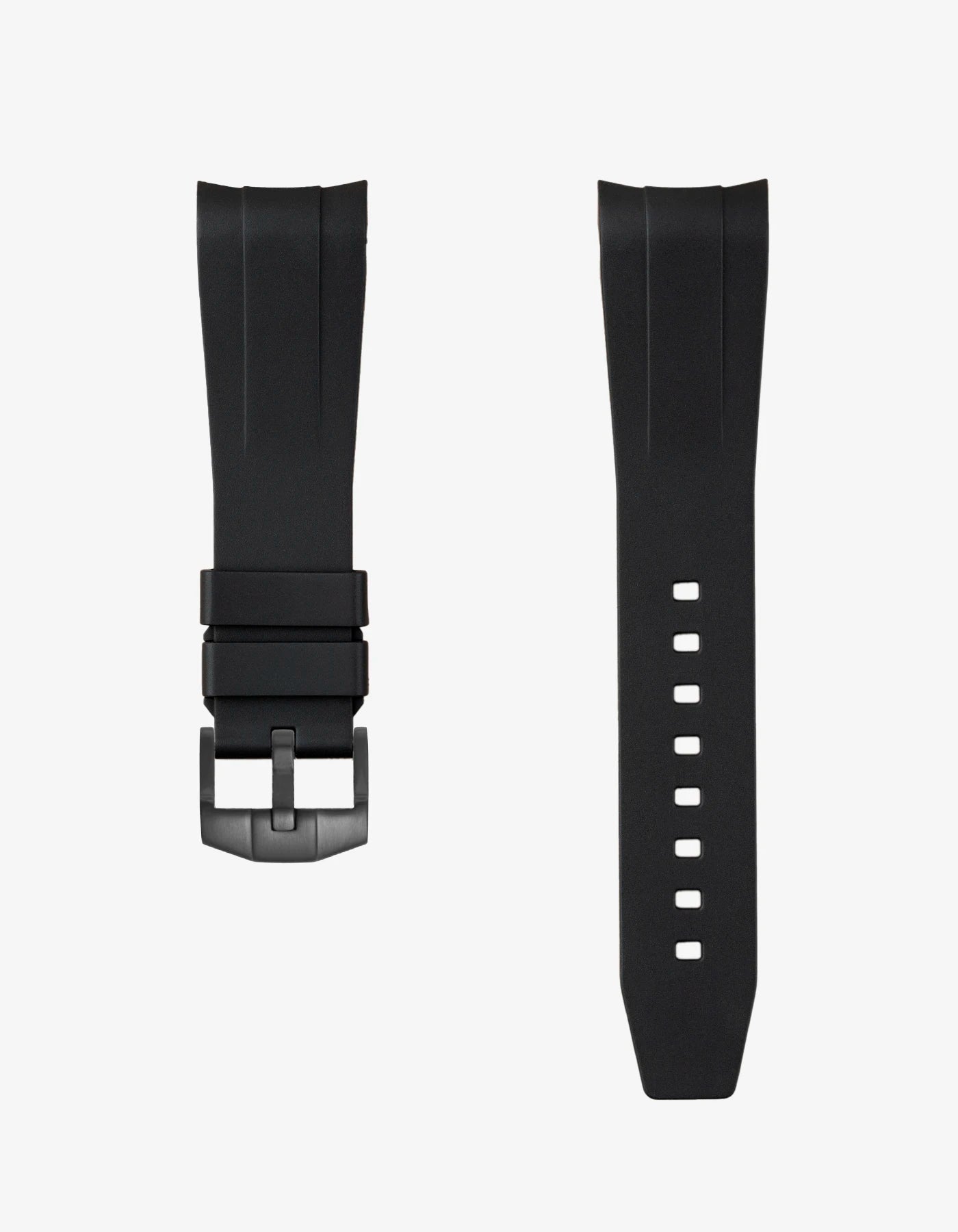 Black FKM tudor rubber watch strap with premium steel buckle on a light gray background