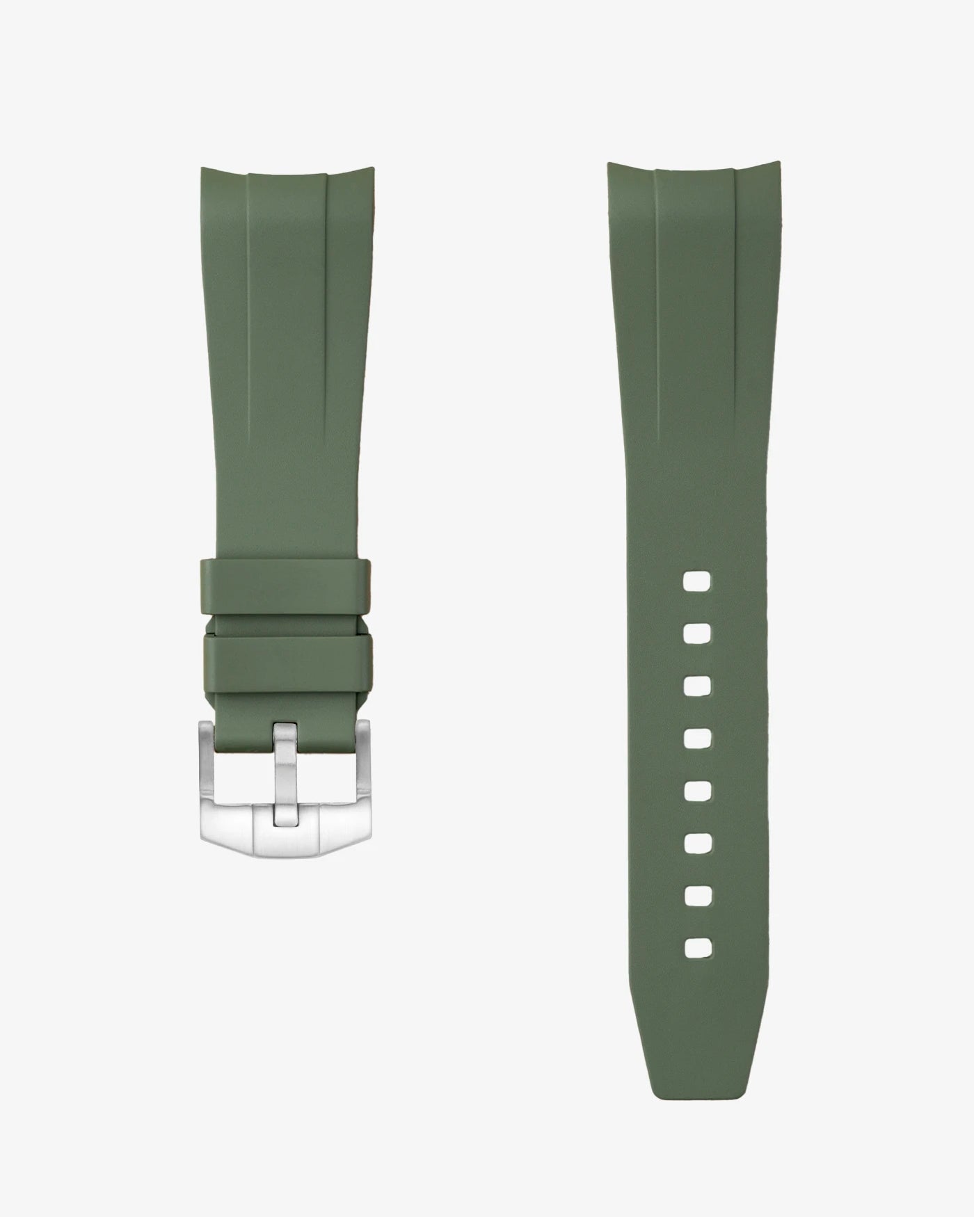 Green FKM tudor rubber watch strap with premium steel buckle on a light gray background