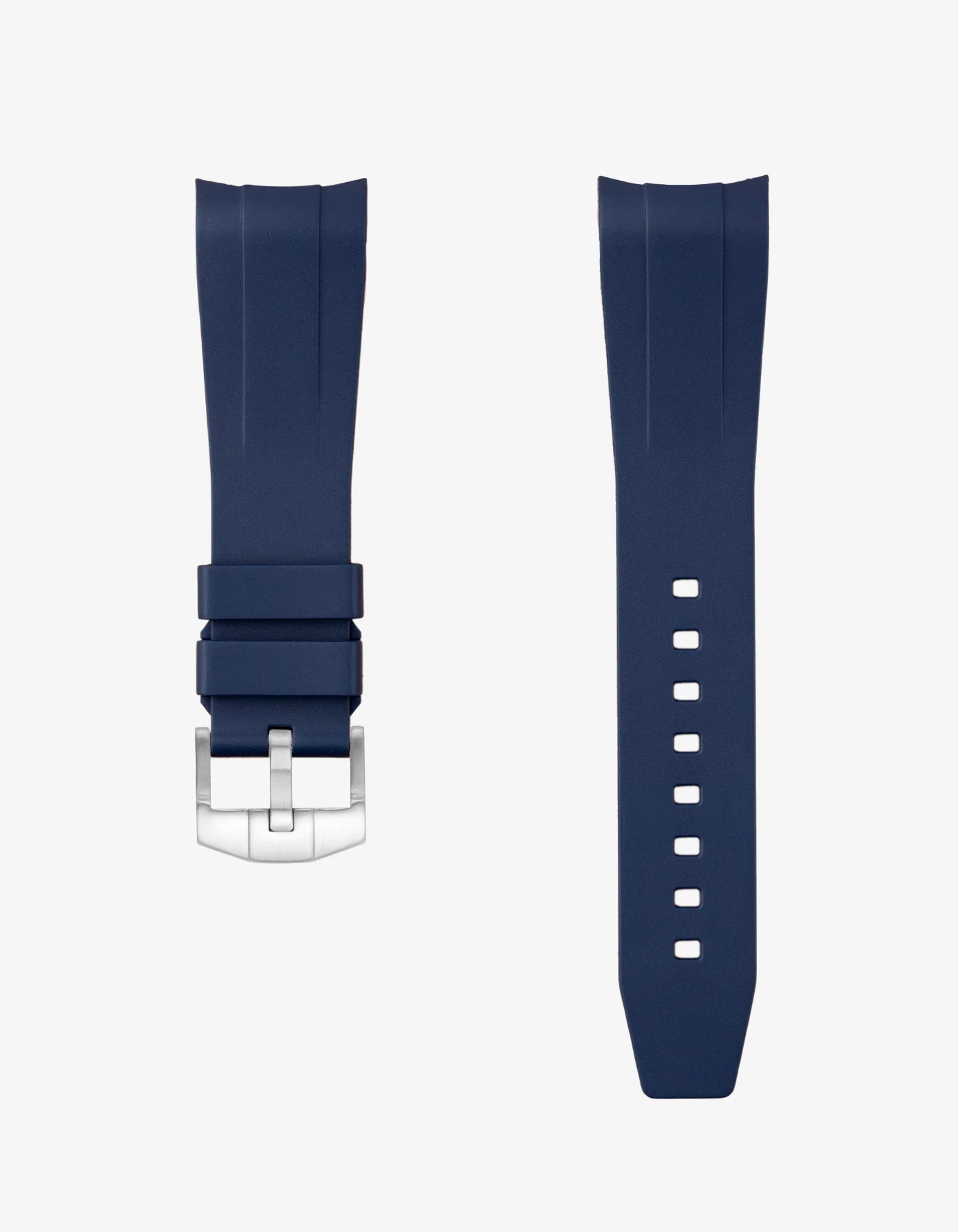 Navy Blue FKM tudor rubber watch strap with premium steel buckle on a light gray background