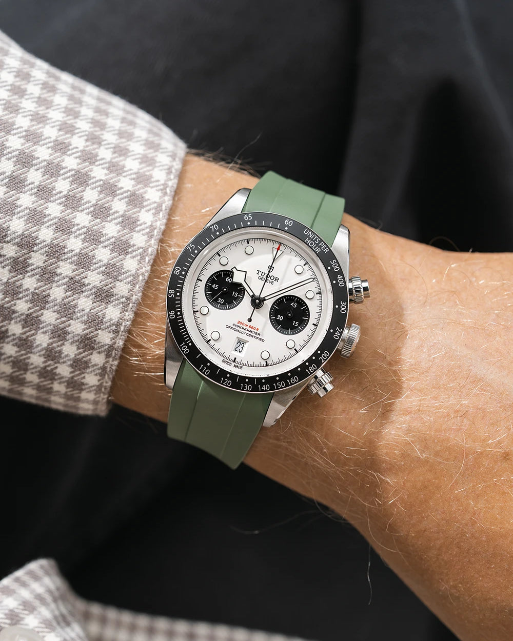 green FKM rubber watch strap from Wristbuddys with a Tudor Chrono white dial on a person's wrist