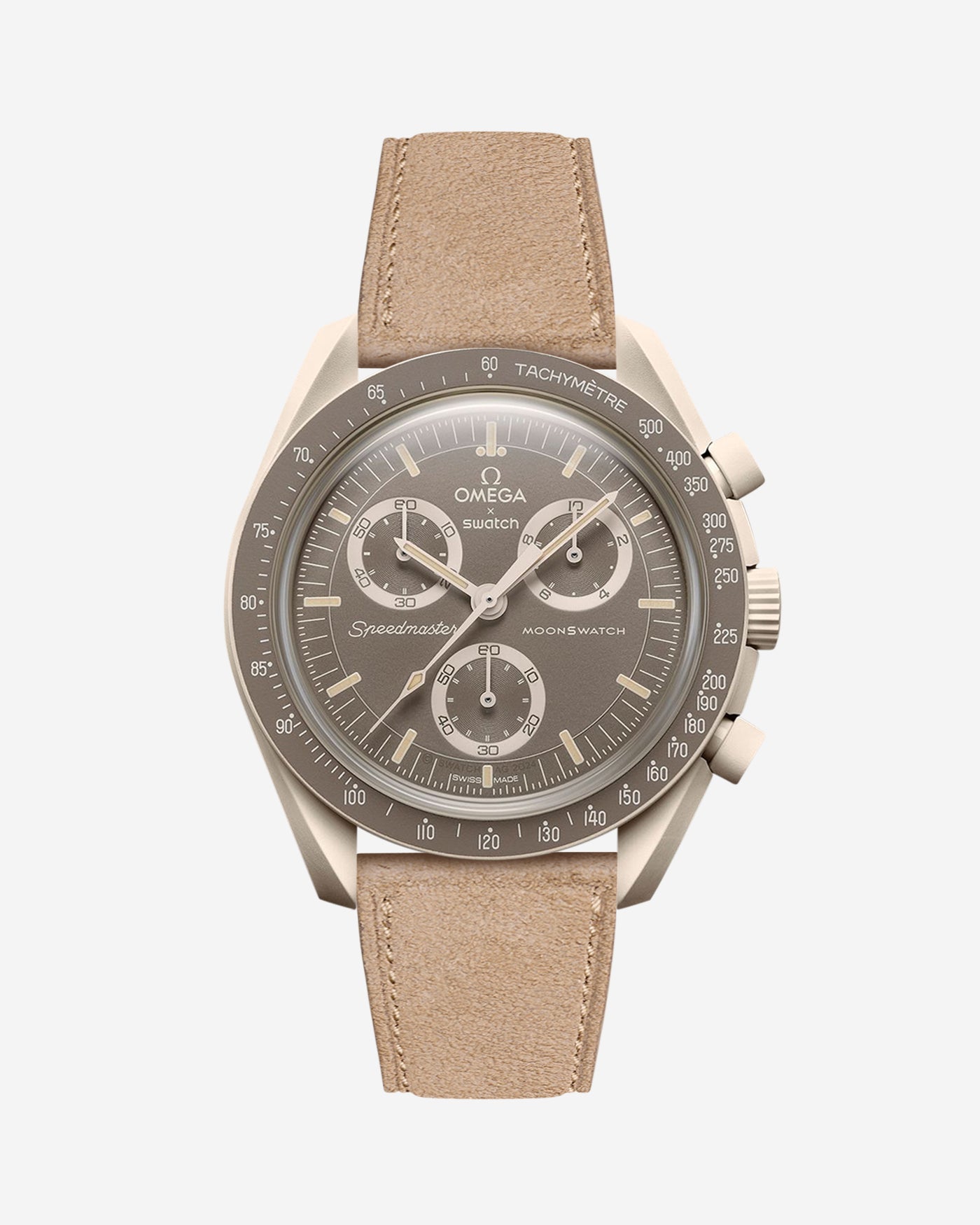 Omega X Swatch Mission on Earth – Desert with Beige suede leather strap mounted – front view