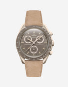Omega X Swatch Mission on Earth – Desert with Beige suede leather strap mounted – front view
