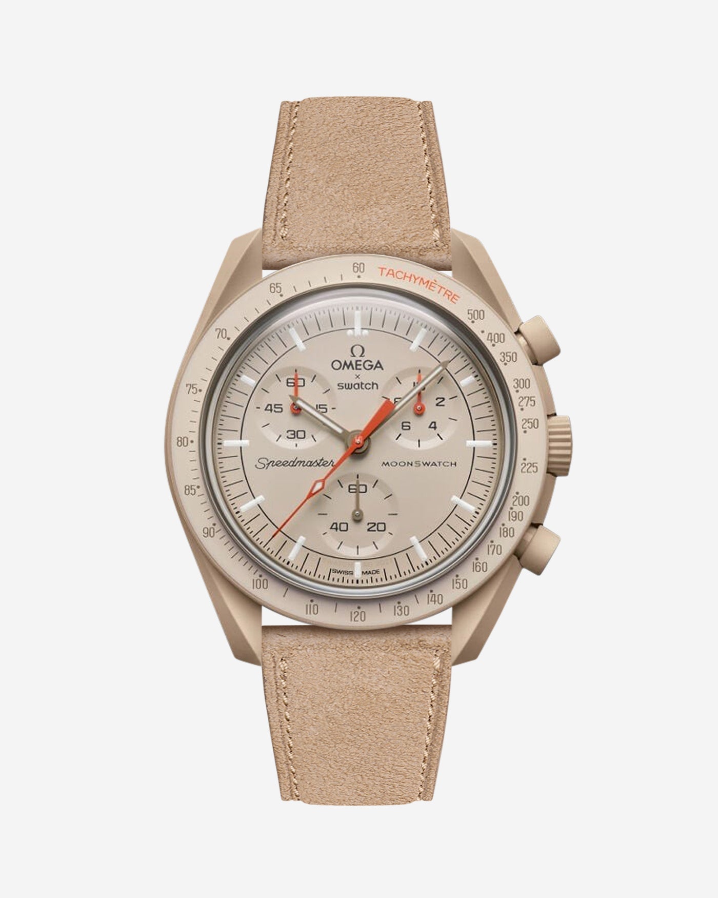 Omega X Swatch Mission to Jupiter with Beige suede leather strap mounted on watch – front view
