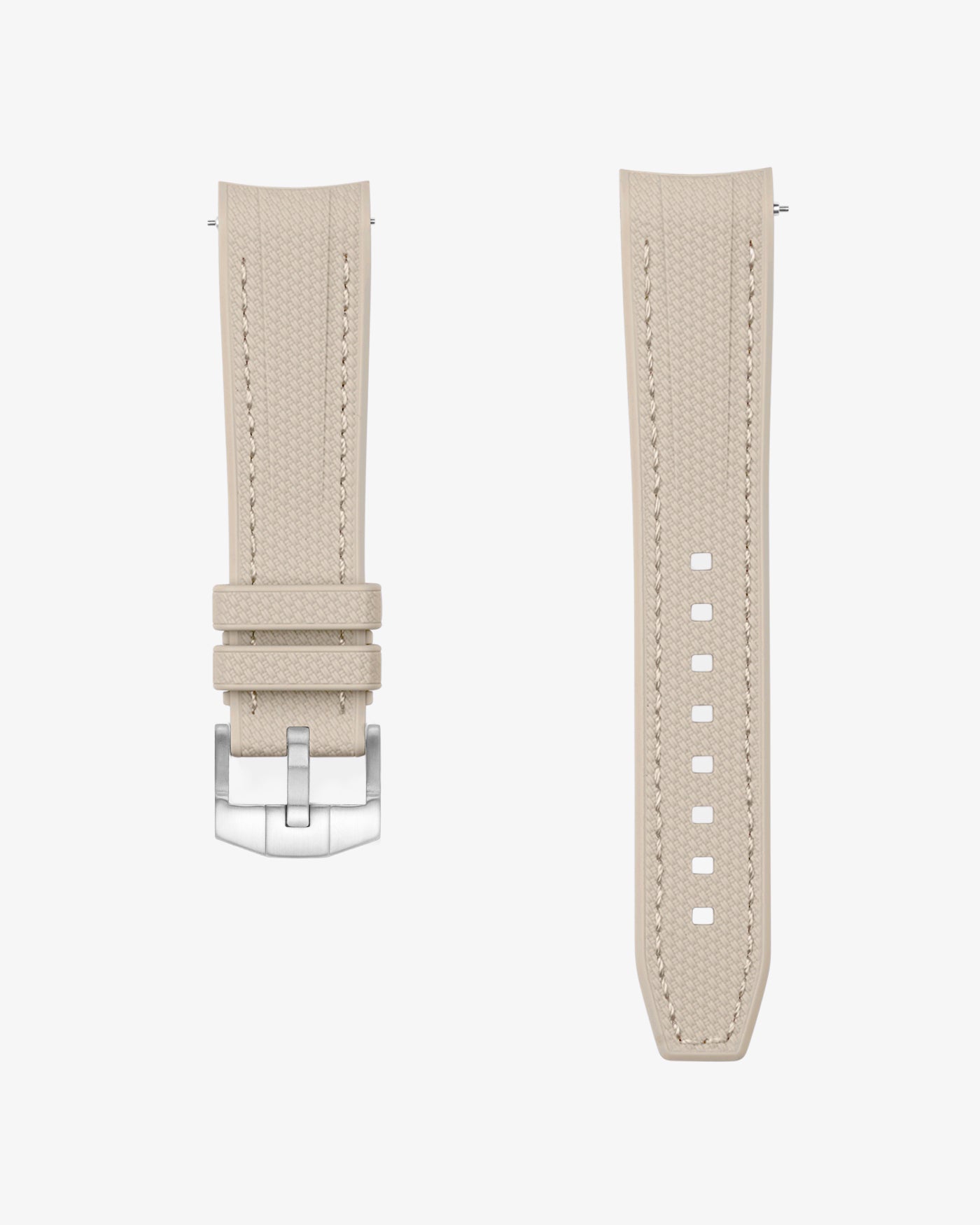 Beige vertech rubber watch strap with metal clasp on a white background