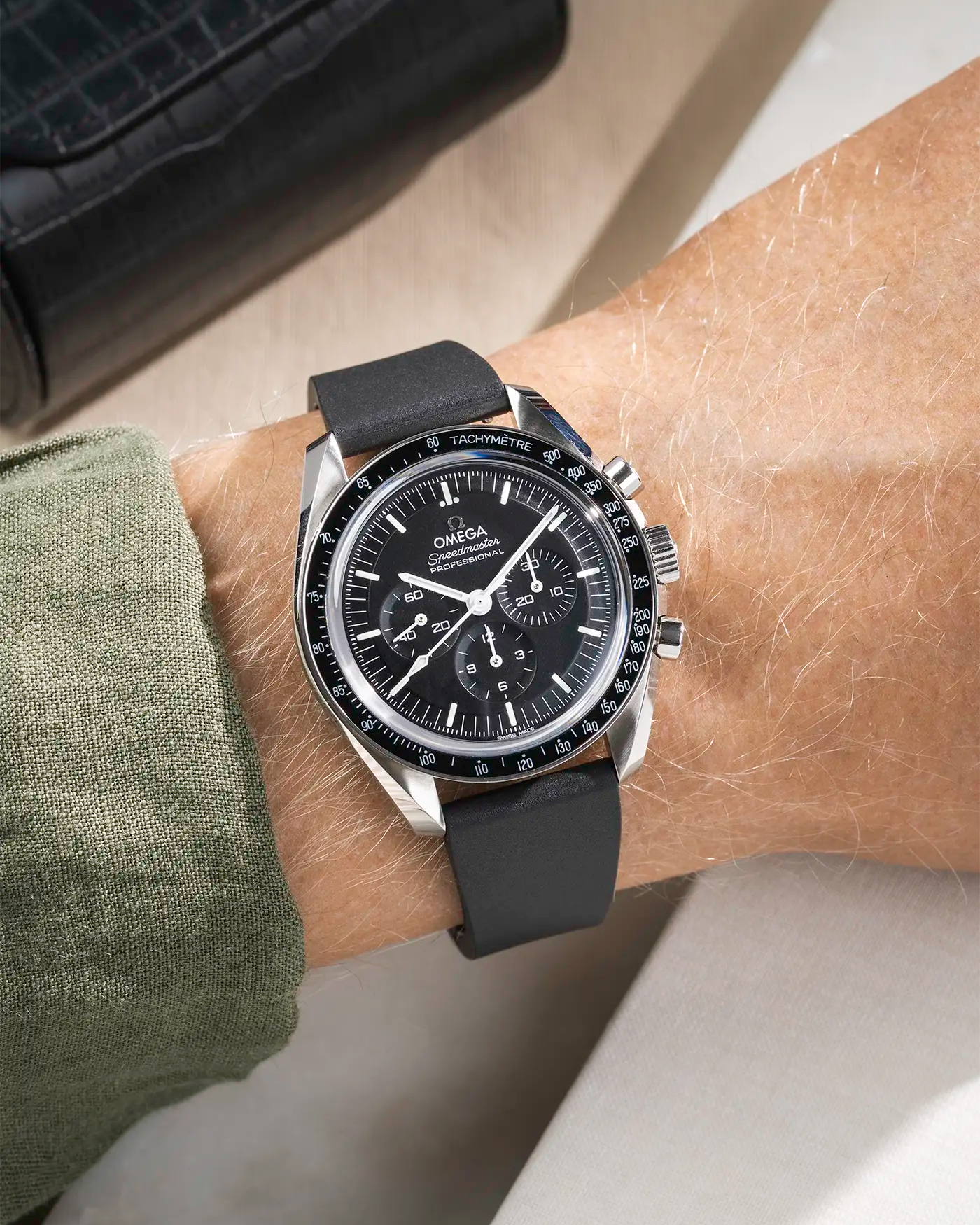 Wrist shot with a black CTS FKM Rubber Strap 19-22mm attached to an Omega watch