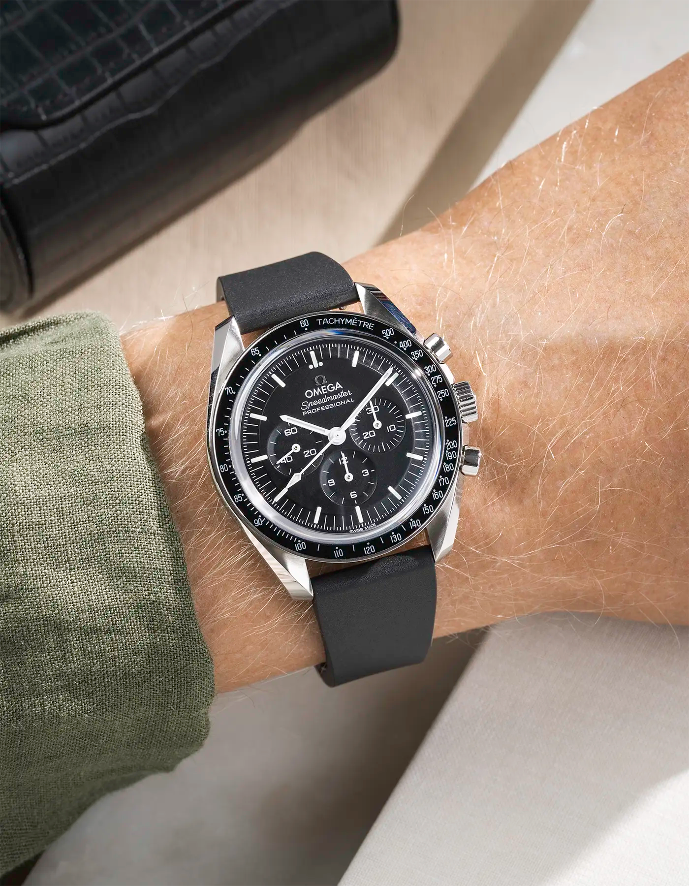 Wrist shot with a black CTS FKM Rubber Strap 19-22mm attached to an Omega watch