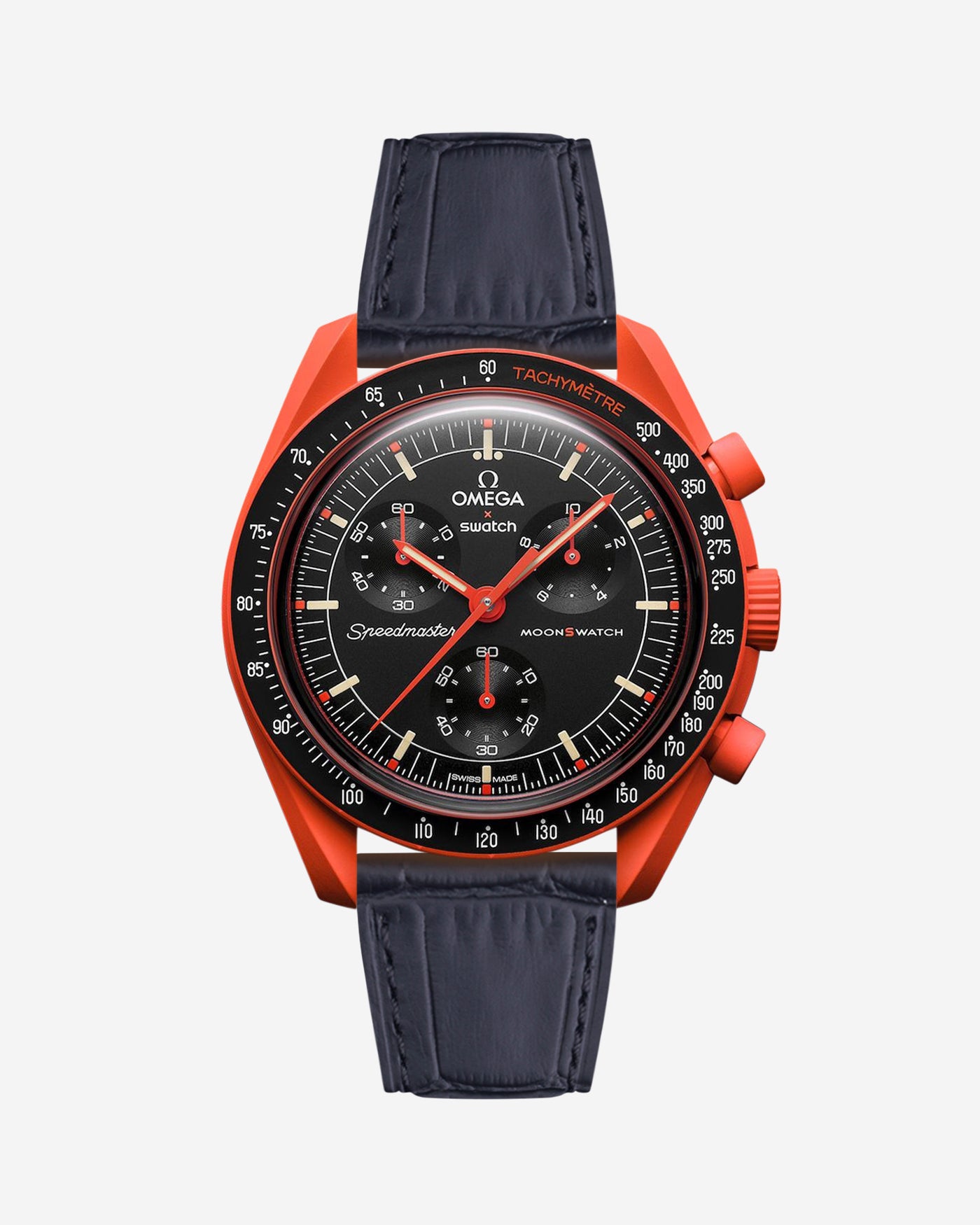 Black embossed alligator leather strap on Omega X Swatch MoonSwatch Mission on Earth Lava Watch