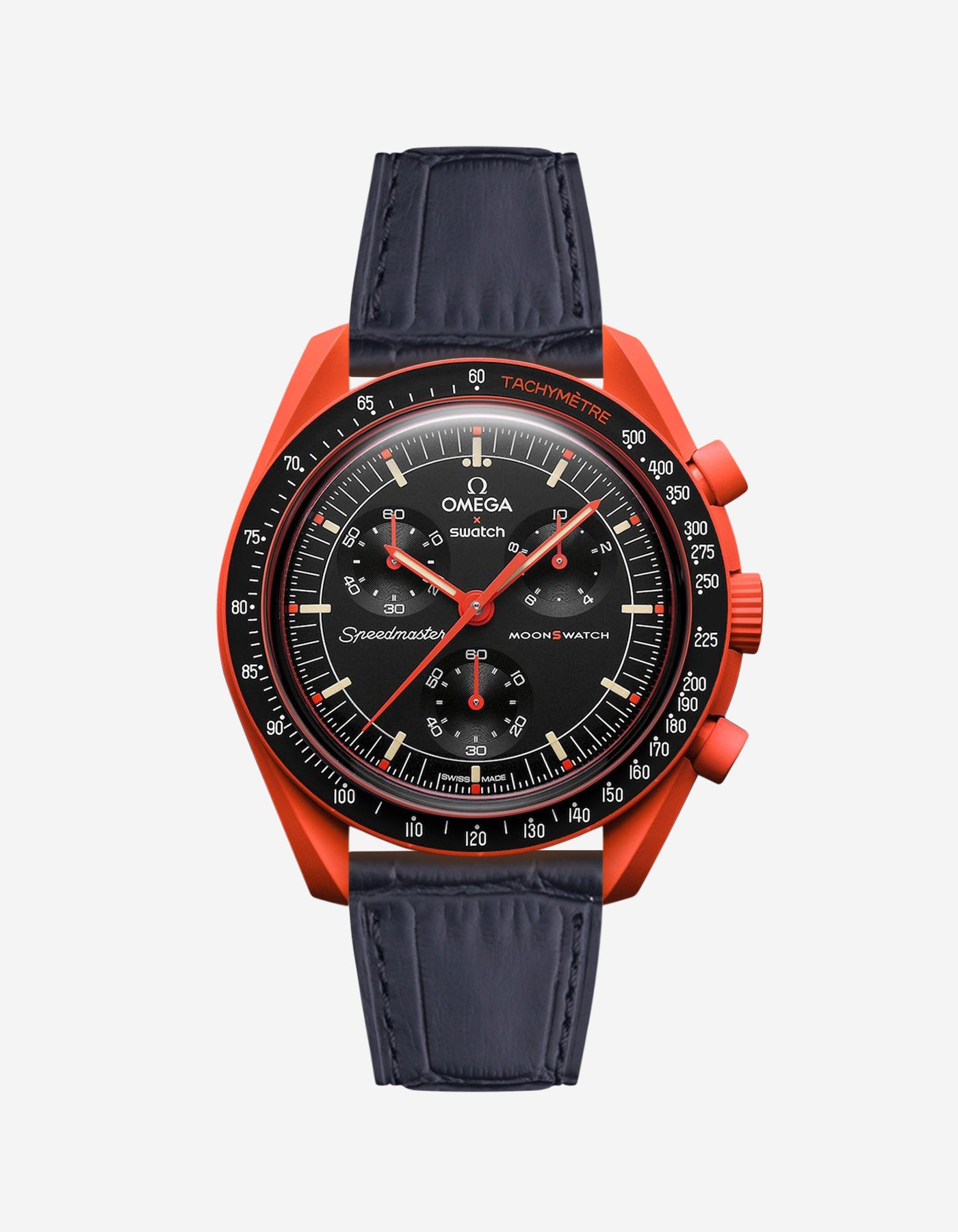 Black embossed alligator leather strap on Omega X Swatch MoonSwatch Mission on Earth Lava Watch