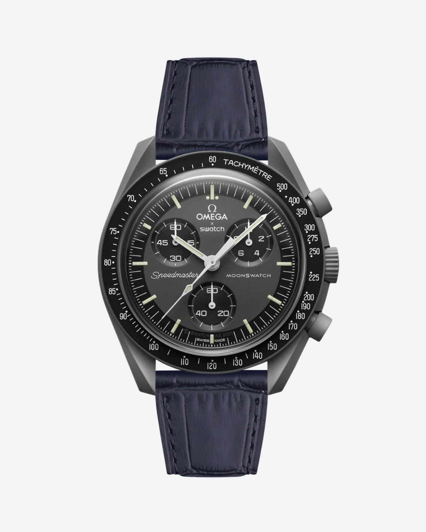 Black embossed alligator leather strap on Omega X Swatch MoonSwatch Mission to Mercury watch