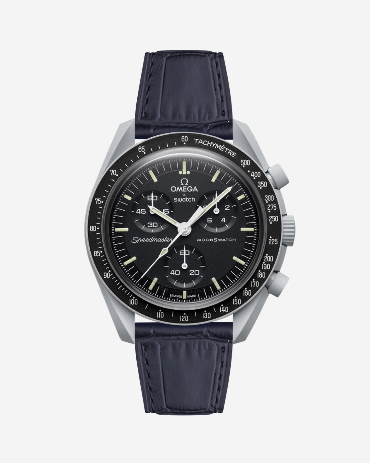 Black embossed alligator leather strap on Omega X Swatch MoonSwatch Mission to the Moon Watch