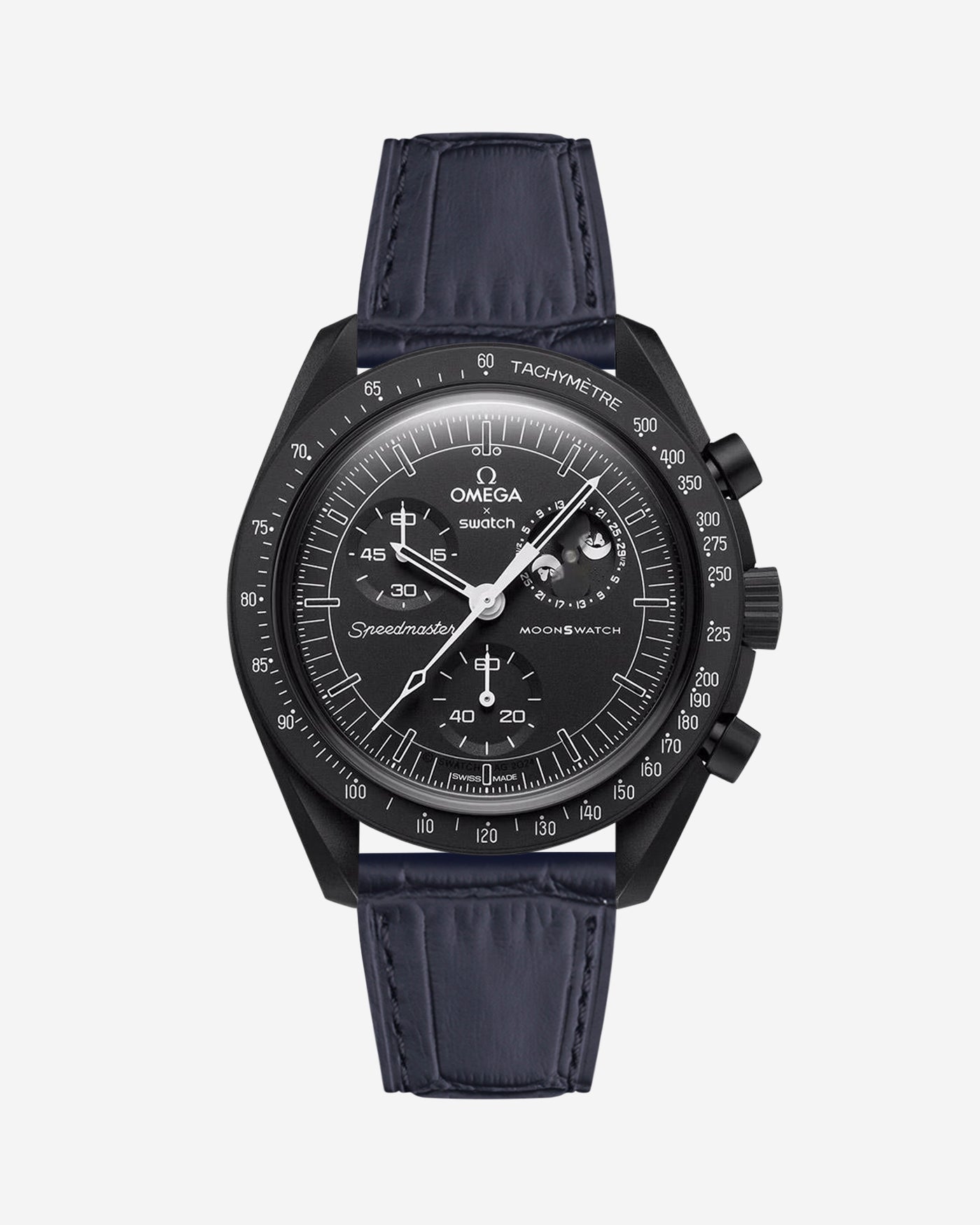 Black embossed alligator leather strap on Omega X Swatch MoonSwatch Mission to the Moonphase New Moon Watch