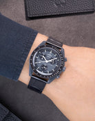 Black embossed alligator leather strap on Omega X Swatch MoonSwatch Mission to Mercury – wrist shot