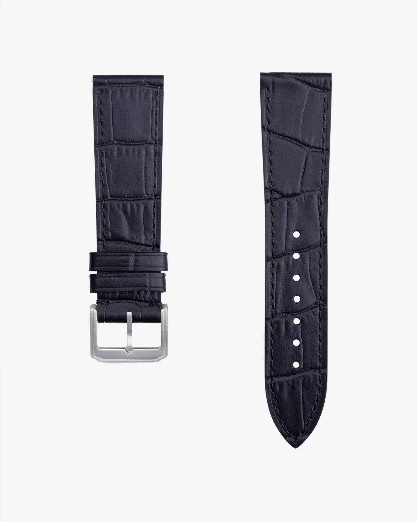 Black embossed alligator leather strap for Omega X Swatch Mission on Earth Lava – product image showing both strap parts