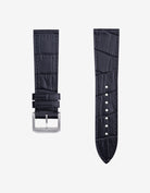 Black embossed alligator leather strap for Omega X Swatch Mission on Earth Lava – product image showing both strap parts