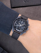 Black Epsom leather strap on Omega X Swatch MoonSwatch Mission to Mercury - worn on wrist