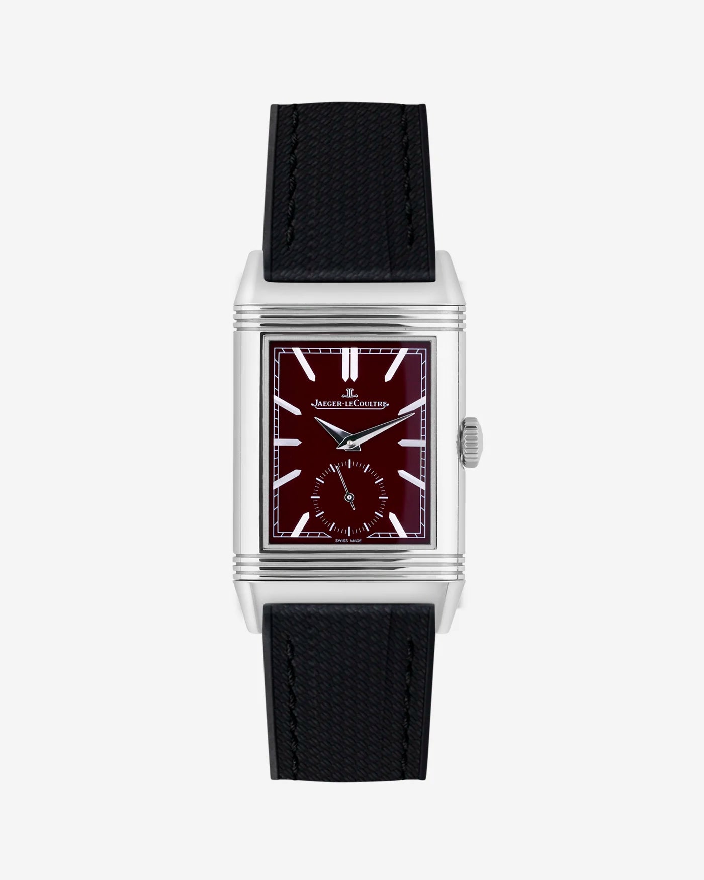 Black FKM rubber strap mounted on Jaeger LeCoultre Reverso watch 20mm with polished buckle, front-facing image