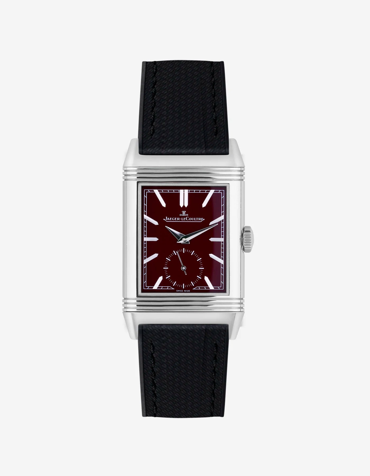 Black FKM rubber strap mounted on Jaeger LeCoultre Reverso watch 20mm with polished buckle, front-facing image