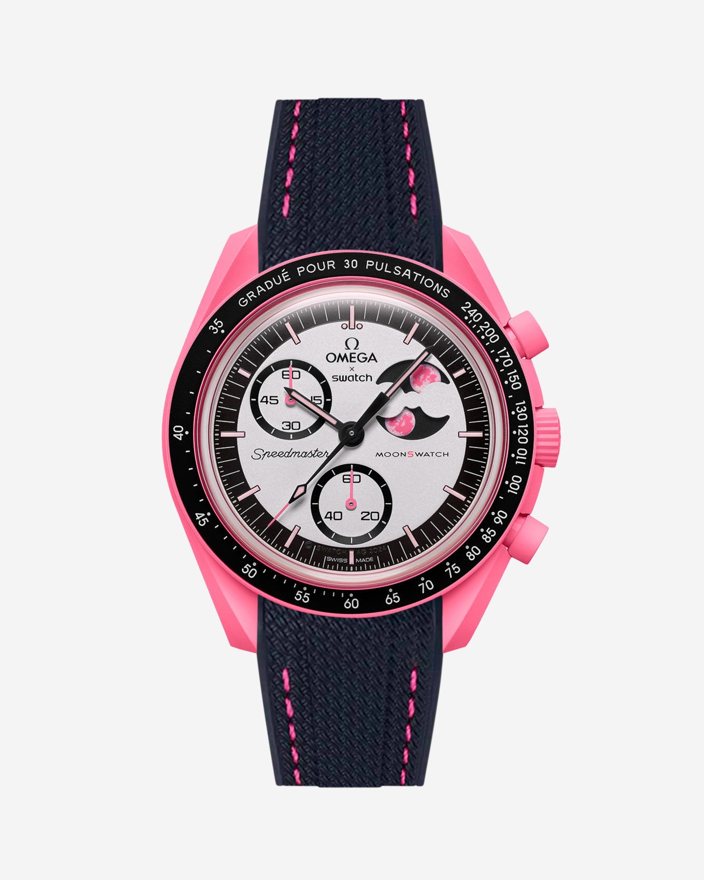 Watch with pink stitches and black strap on a white background
