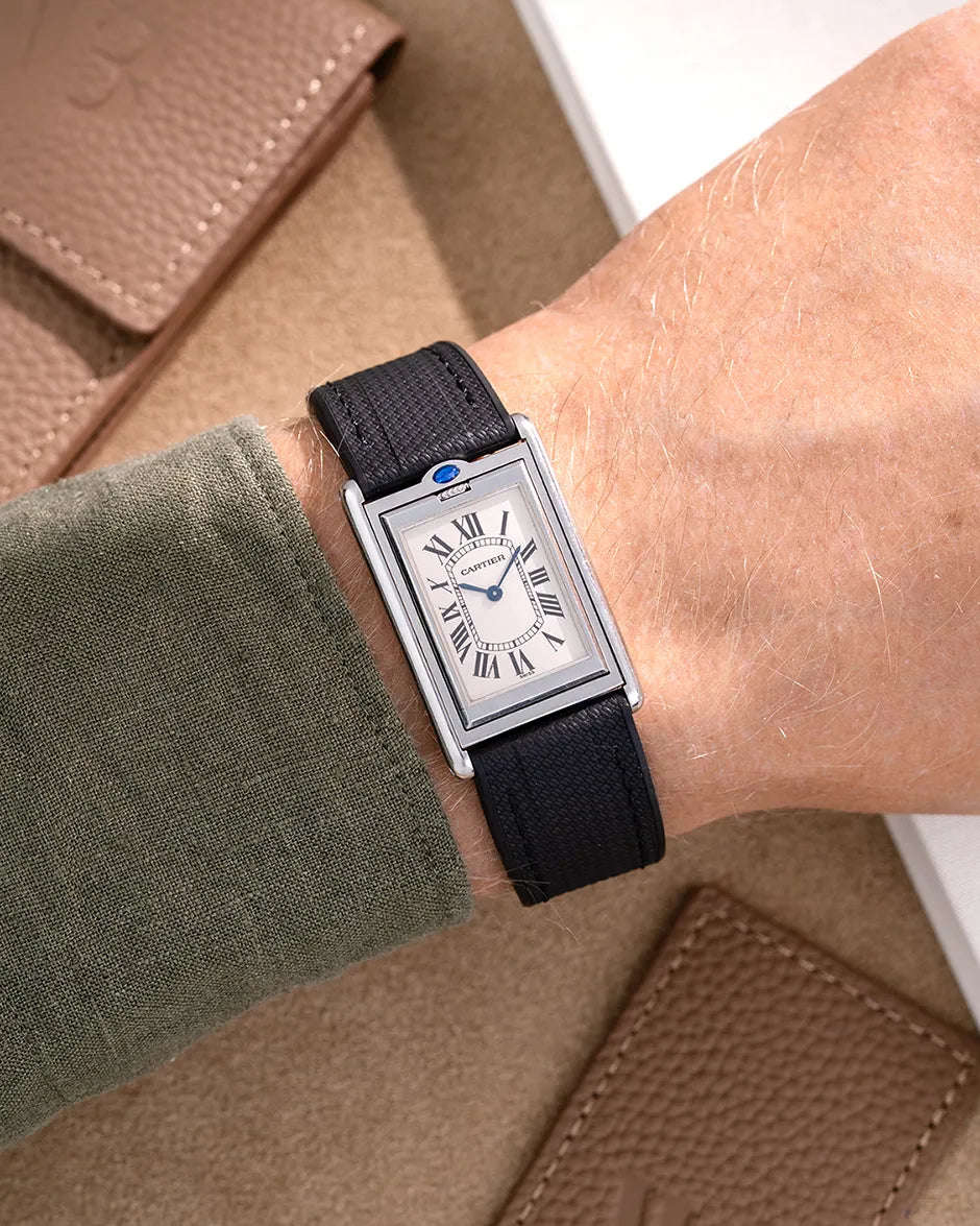 Wrist shot of Cartier Basculante with black rubber strap 20mm – fitted with stainless steel clasp