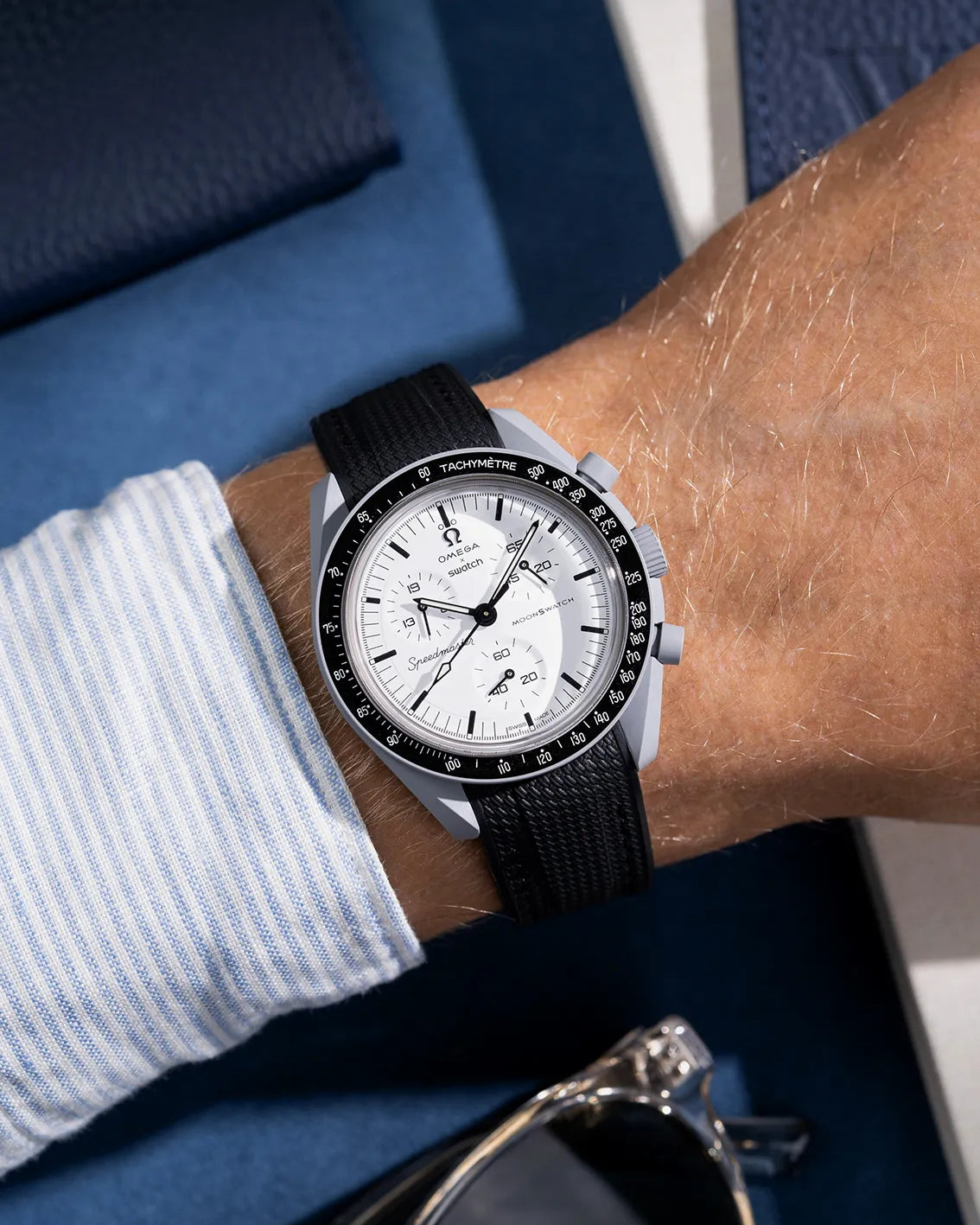 Black curved vertech rubber strap for MoonSwatch – shown on Omega X Swatch MoonSwatch Mission to 1965