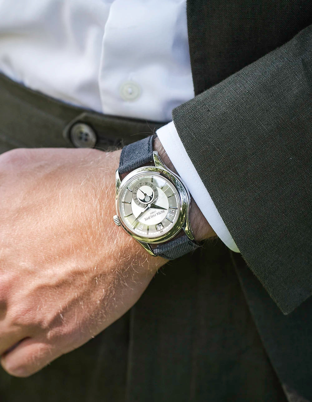 Wrist shot on wedding with Dark Grey Denim Watch Strap 20mm on Patek Philippe
