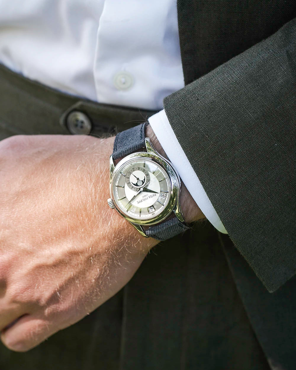 Dark grey denim strap on Patek Philippe – part of our universal 18–21mm series.