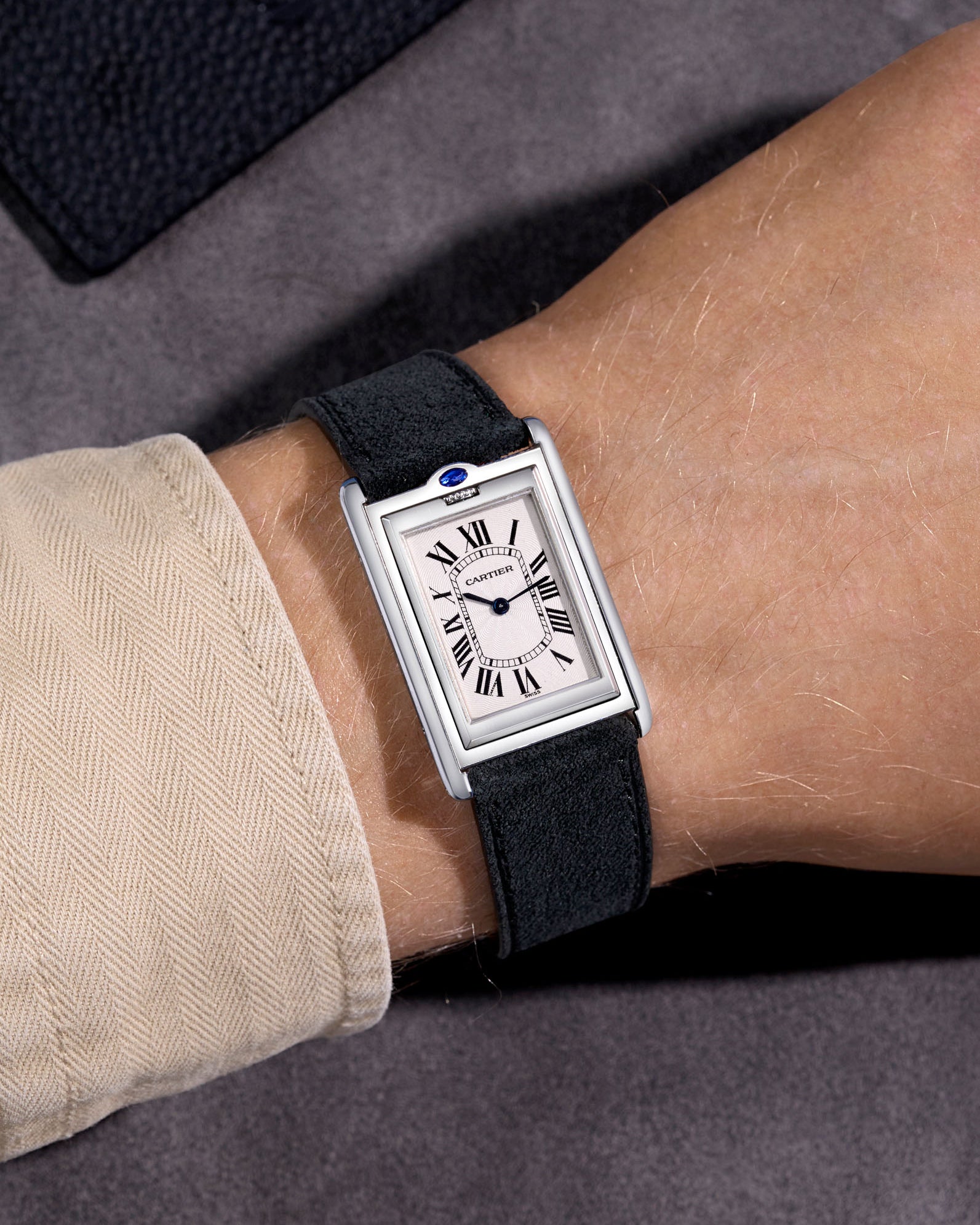 black suede leather watch strap on a cartier steel watch. Handmade in italy in lug width 17mm to 21mm