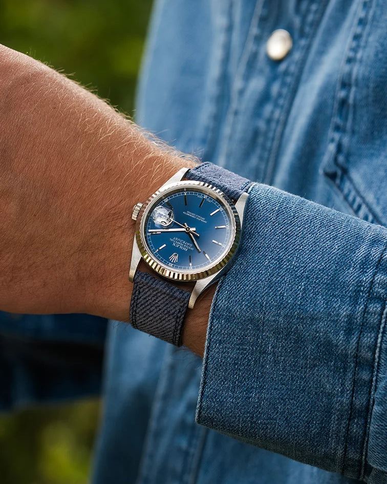 Blue Denim Watch Strap on Rolex Datejust – wrist shot with blue dial and denim shirt