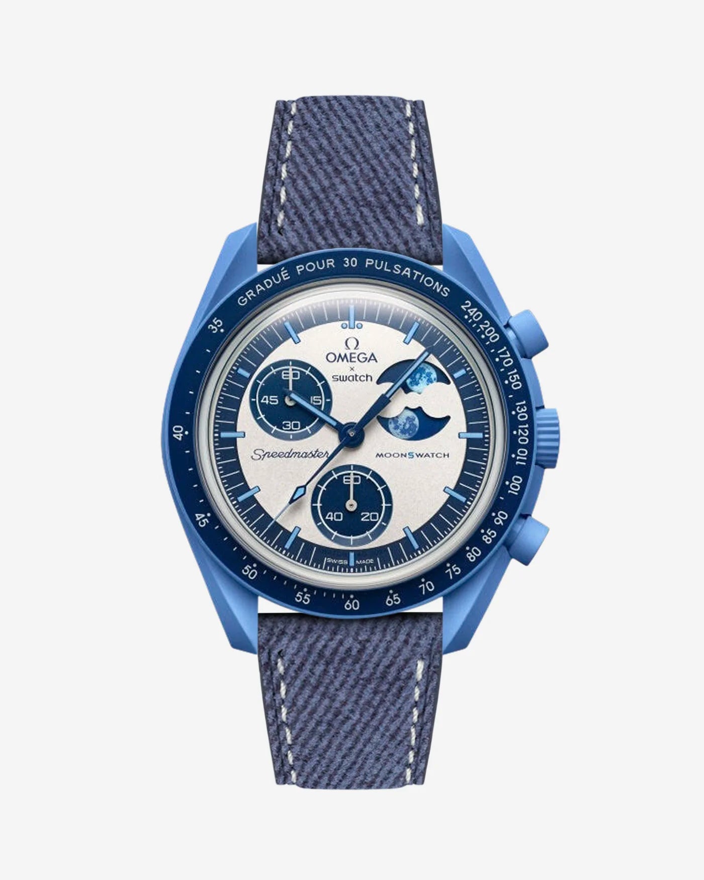 Blue Denim strap with white stitching mounted on Omega x Swatch MoonSwatch Mission to the Super Blue Moonphase – product image