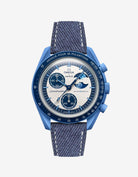 Blue Denim strap with white stitching mounted on Omega x Swatch MoonSwatch Mission to the Super Blue Moonphase – product image