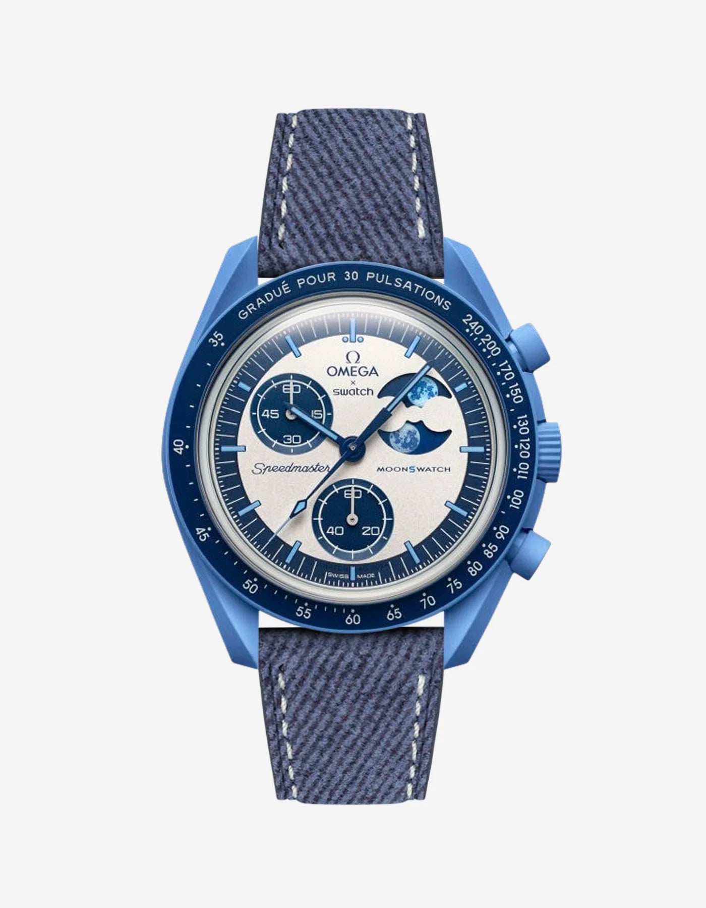 Blue Denim strap with white stitching mounted on Omega x Swatch MoonSwatch Mission to the Super Blue Moonphase – product image