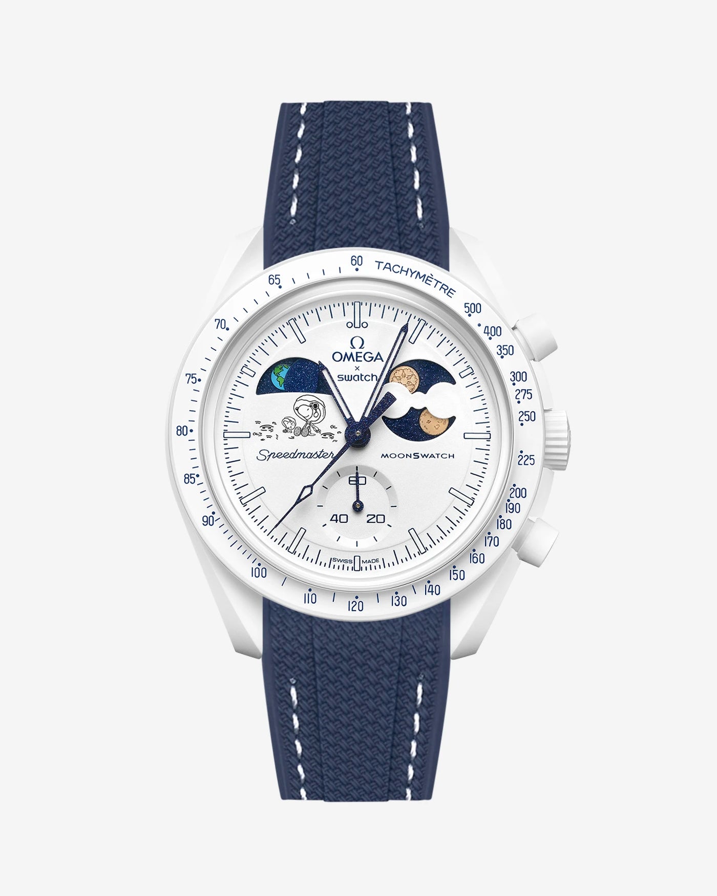 Blue and white rubber strap on Moonswatch Moonshine Gold Cold Moon