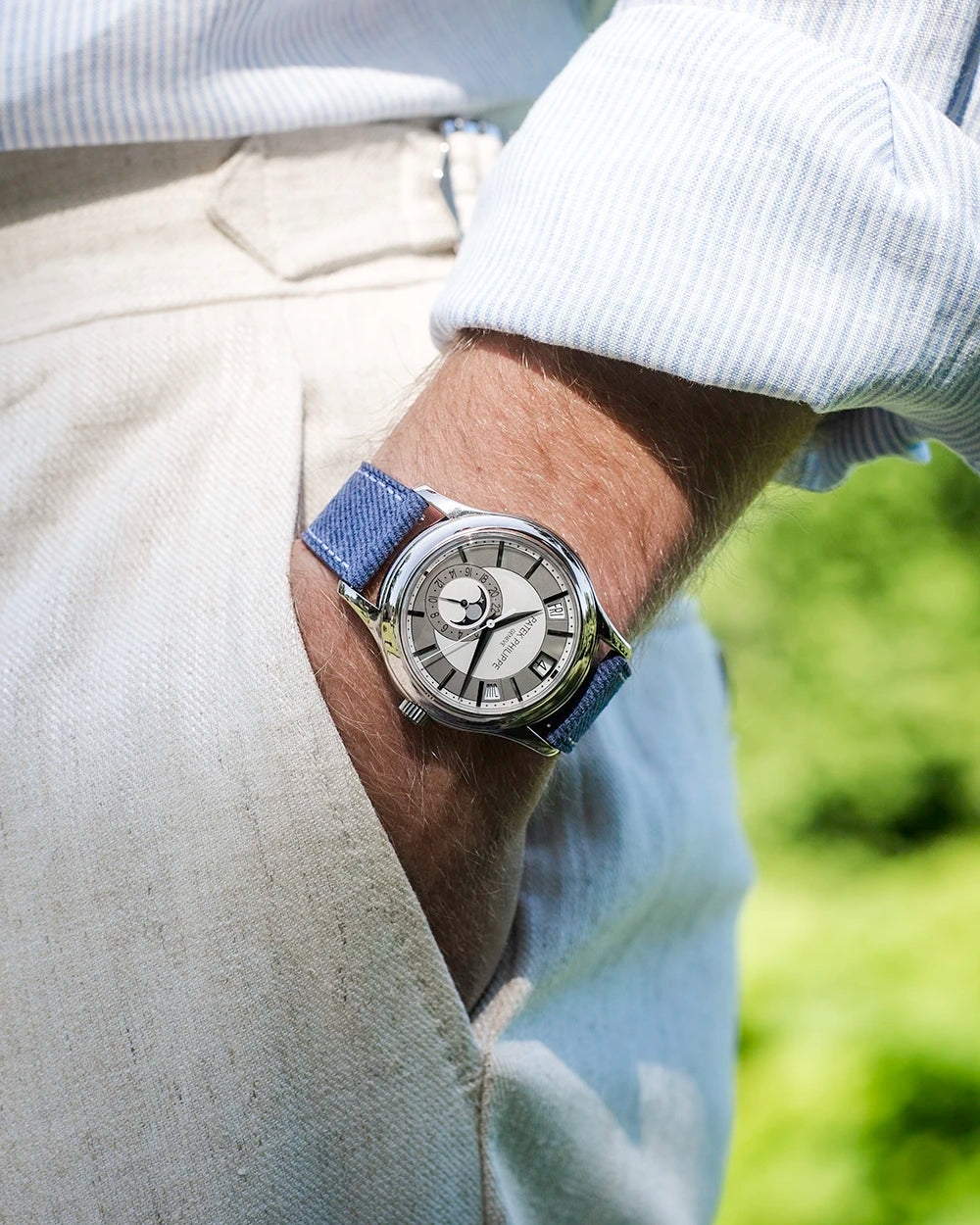 Light denim with white stitching on Patek Philippe watch – part of our 18mm–21mm strap range