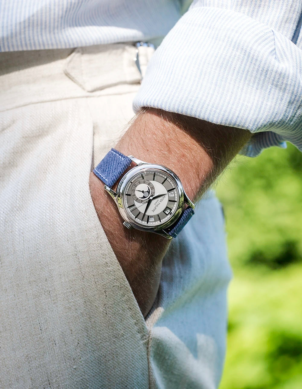 Light denim with white stitching on Patek Philippe watch – part of our 18mm–21mm strap range