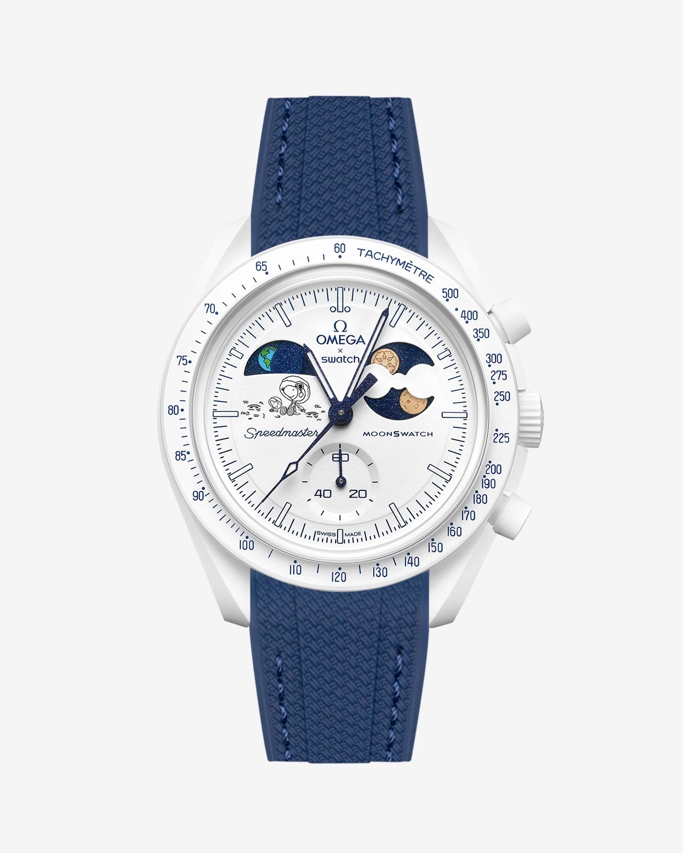 Navy Blue Rubber Strap on Omega x Swatch MoonSwatch Mission To Earthphase - Moonshine Gold Cold Moon