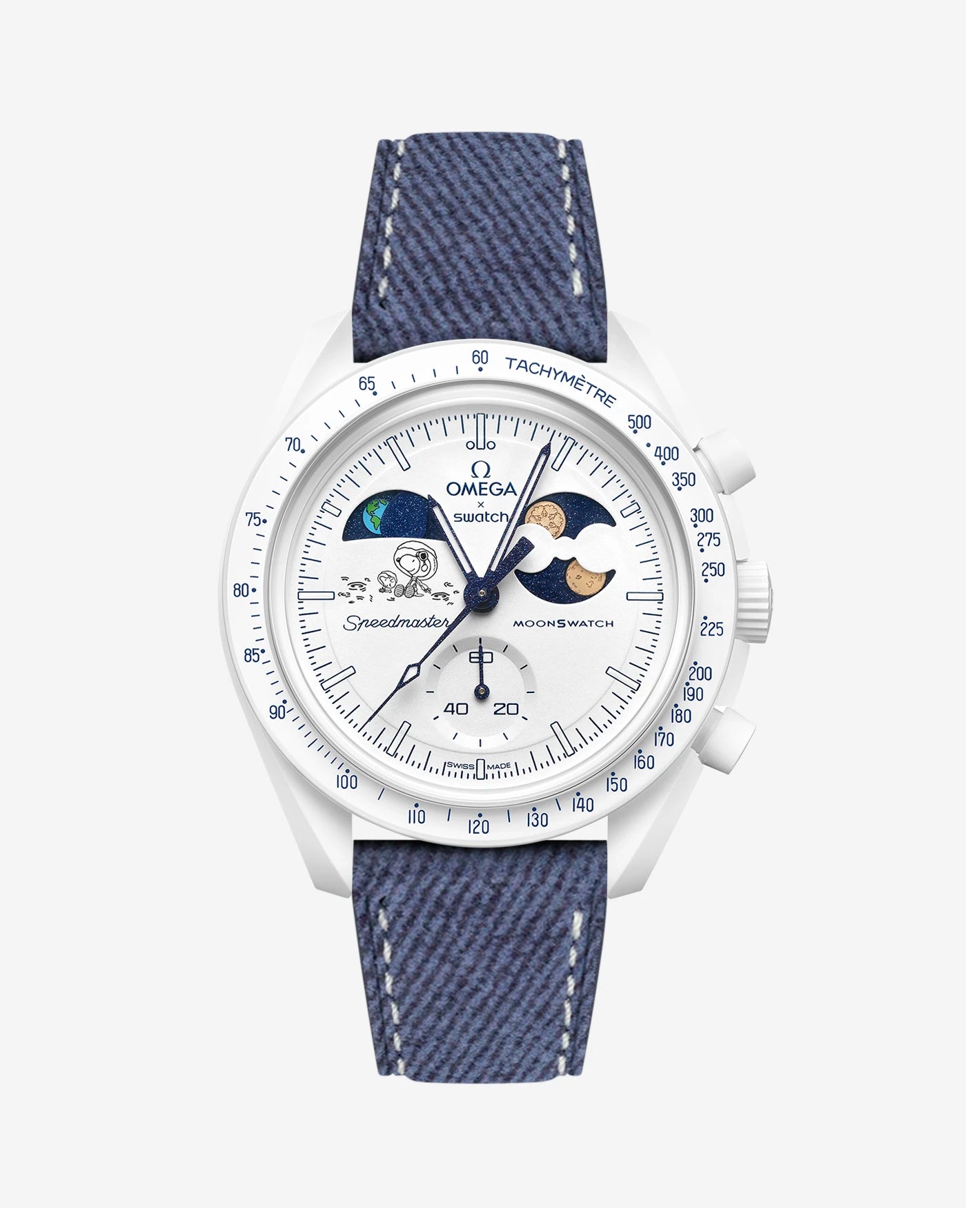 Blue and white denim Leather Strap on Omega x Swatch MoonSwatch Mission To Earthphase - Moonshine Gold Cold Moon