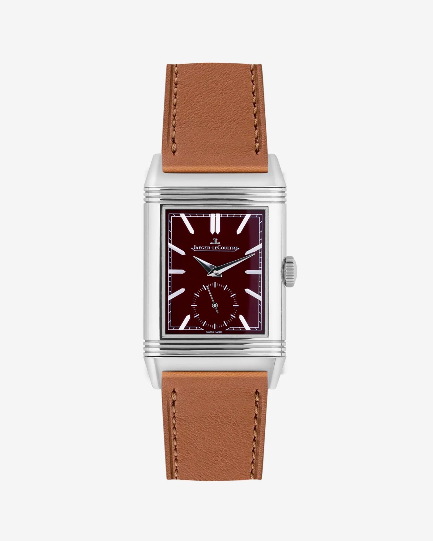 Brown cowhide leather strap mounted on Jaeger LeCoultre Reverso watch 20mm, front-facing on-watch product image