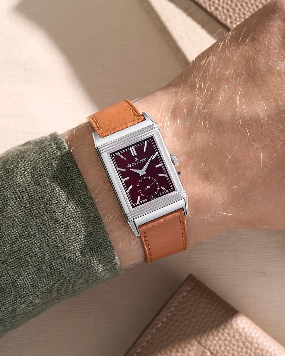 Brown cowhide leather strap for Jaeger LeCoultre Reverso 20mm shown on wrist