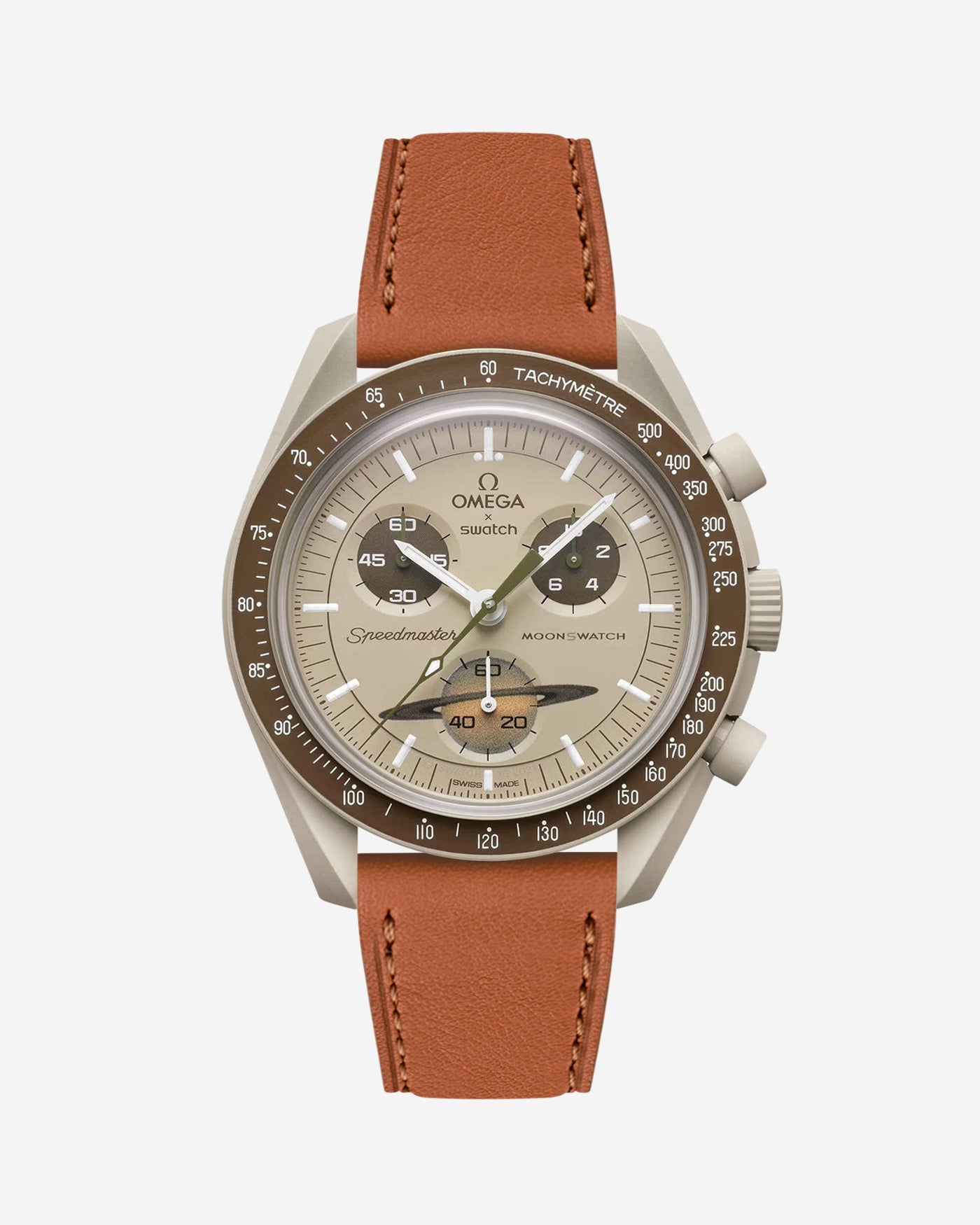Omega X Swatch Mission to Saturn with Brown cowhide leather strap mounted on watch – front view