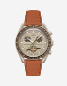 Omega X Swatch Mission to Saturn with Brown cowhide leather strap mounted on watch – front view