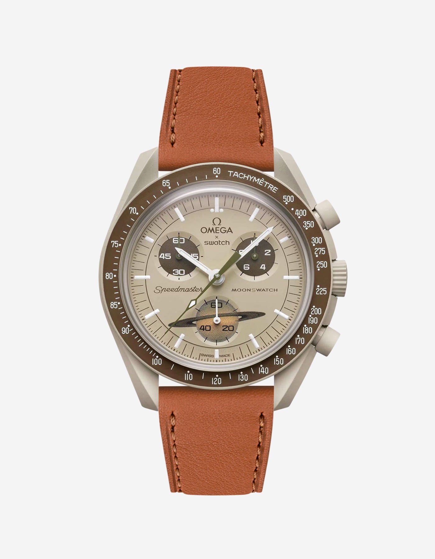 Omega X Swatch Mission to Saturn with Brown cowhide leather strap mounted on watch – front view