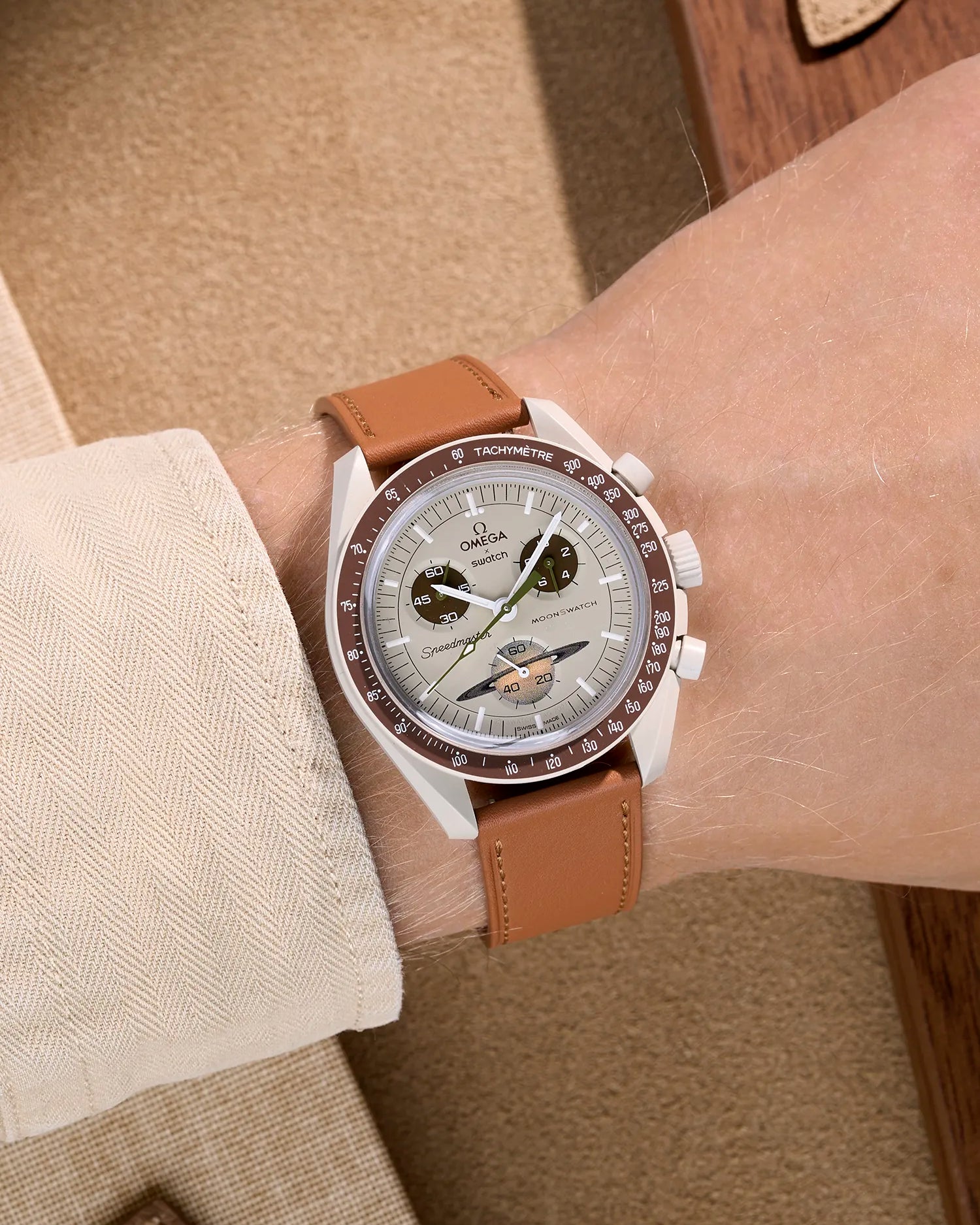 Brown Cowhide leather strap on Omega X Swatch MoonSwatch Mission to Saturn – wrist shot