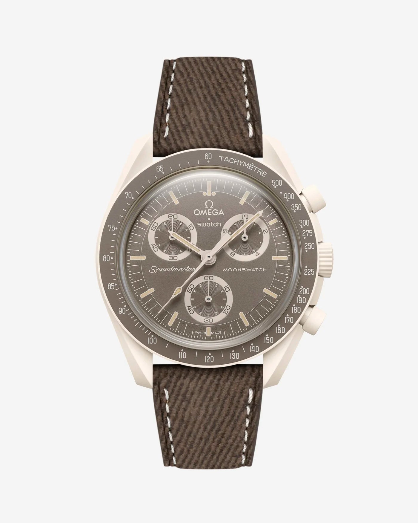 Brown Denim leather strap mounted on Omega x Swatch MoonSwatch Mission on Earth Desert – product image